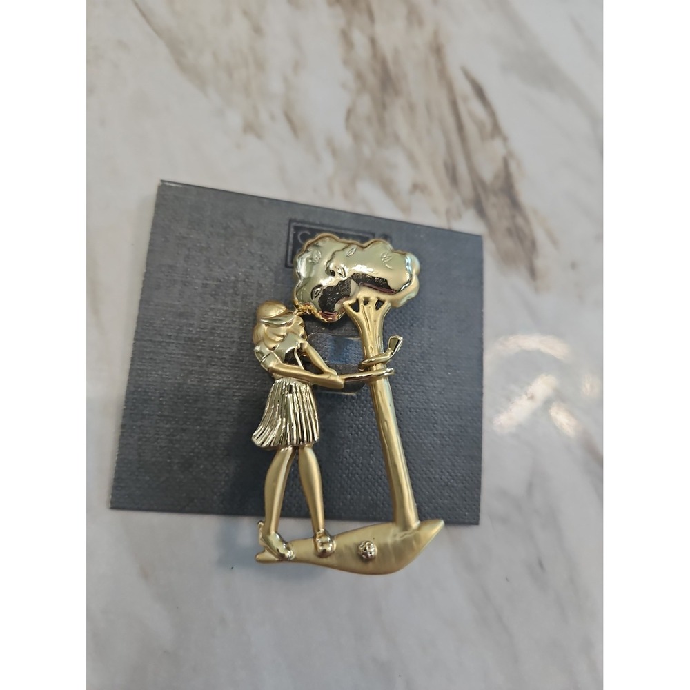 AJC Brooch Pin Girl Lady Golf Club Wrapped Around Tree Gold Tone Casual Corner
